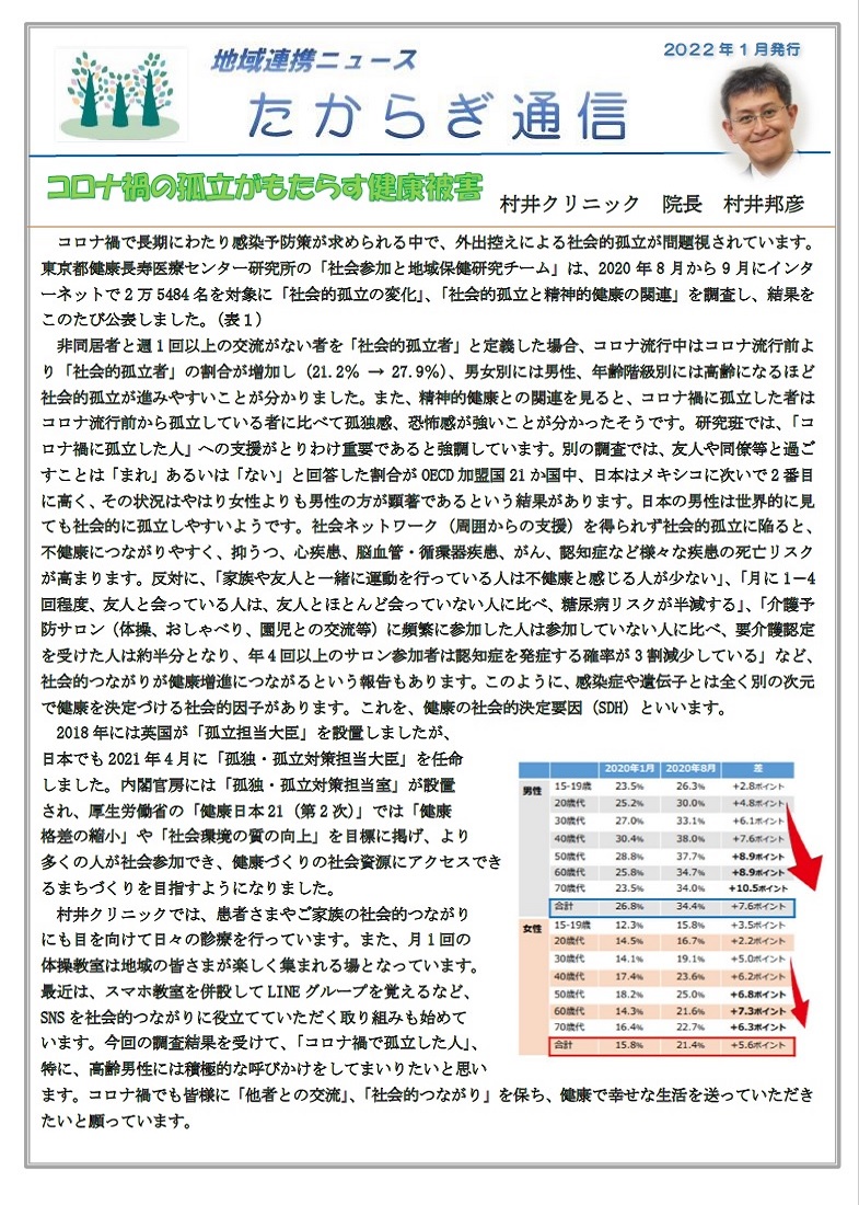 村井クリニック広報誌『たからぎ通信』冬号(2022.1.1)